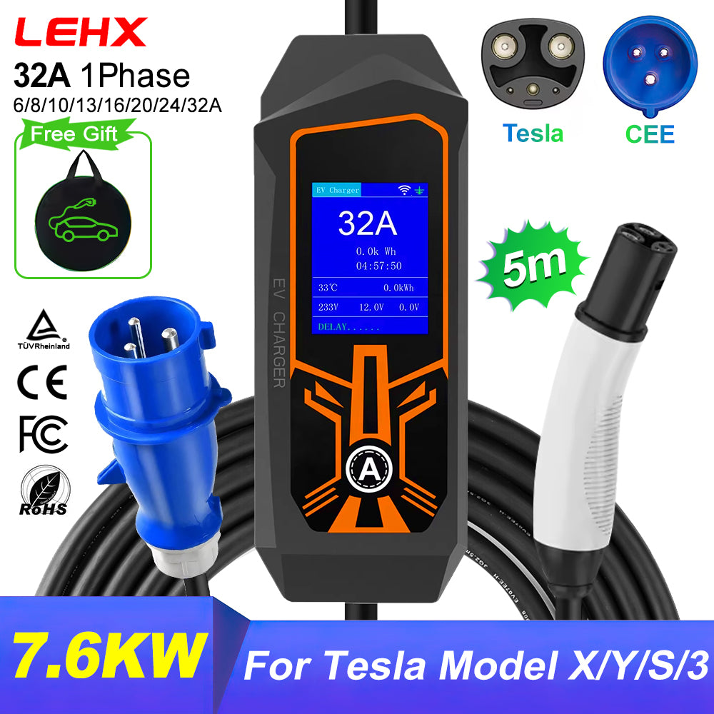 LEHX EV Charger 16A/32A Portable EVSE Charging Station EU US Plug Electric Car Charger For Tesla Model X/Y/S/3 For use in homes